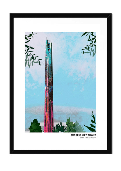 Express Lift Tower art print by Vicki Shortt, the lift-testing tower in Northampton, in a black frame