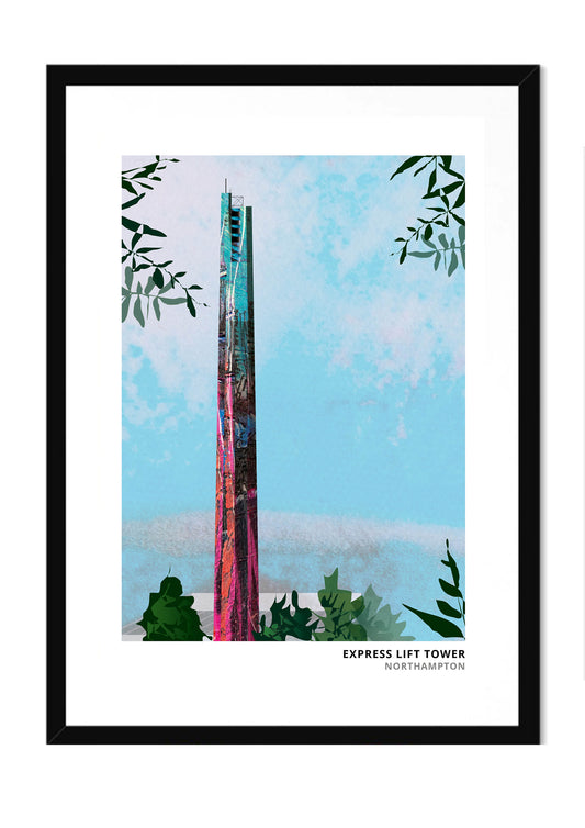 Express Lift Tower art print by Vicki Shortt, the lift-testing tower in Northampton, in a black frame