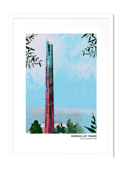 Express Lift Tower art print by Vicki Shortt, the lift-testing tower in Northampton, in a white frame