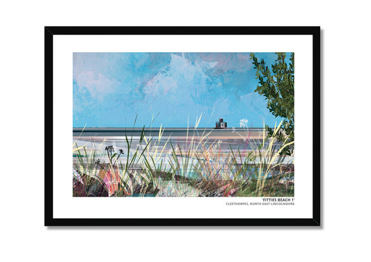 Fitties Beach 1 art print by Vicki Shortt, the beach huts and chalets at the Fitties, Cleethorpes, in a black frame