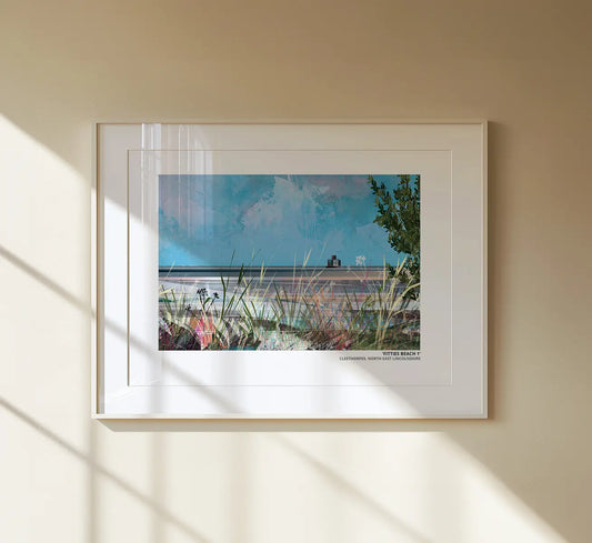 Fitties Beach 1 art print by Vicki Shortt, the beach huts and chalets at the Fitties, Cleethorpes, framed in a room setting