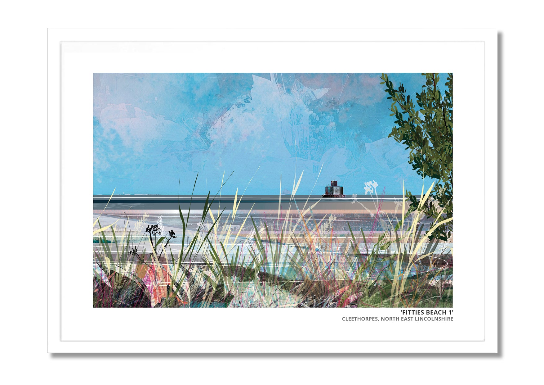 Fitties Beach 1 art print by Vicki Shortt, the beach huts and chalets at the Fitties, Cleethorpes, in a white frame