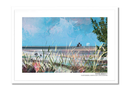 Fitties Beach 1 art print by Vicki Shortt, the beach huts and chalets at the Fitties, Cleethorpes, in a white frame