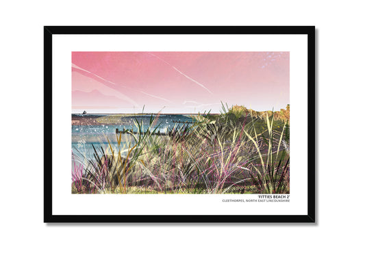 Fitties Beach 2 art print by Vicki Shortt, the beach huts and chalets at the Fitties, Cleethorpes, in a black frame