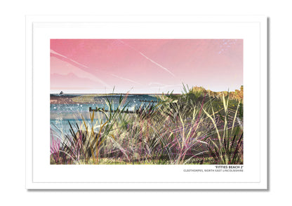 Fitties Beach 2 art print by Vicki Shortt, the beach huts and chalets at the Fitties, Cleethorpes, in a white frame
