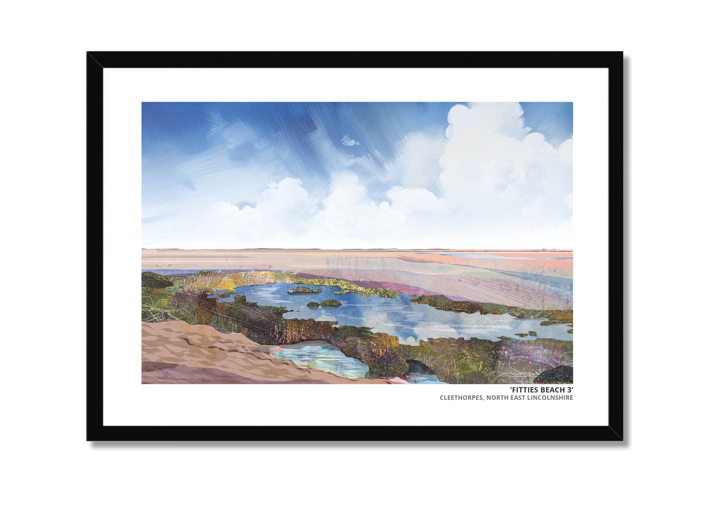 Fitties Beach 3 art print by Vicki Shortt, the beach huts and chalets at the Fitties, Cleethorpes, in a black frame