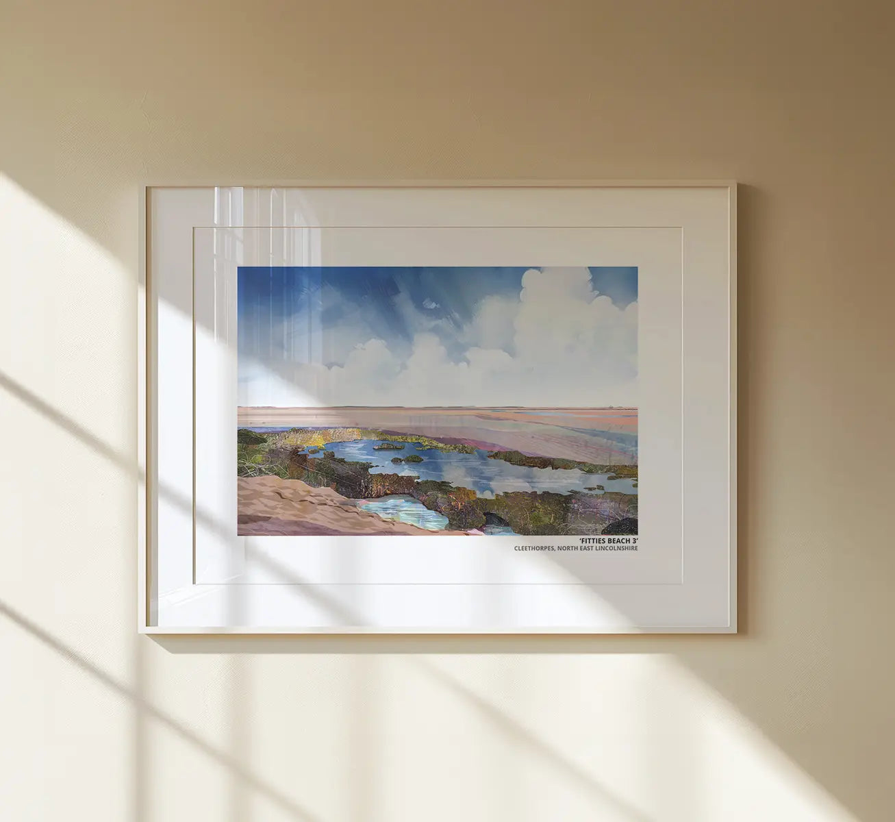 Fitties Beach 3 art print by Vicki Shortt, the beach huts and chalets at the Fitties, Cleethorpes, framed in a room setting