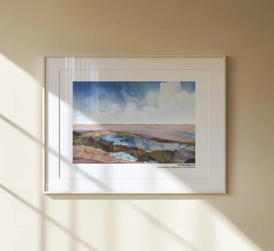 Fitties Beach 3 art print by Vicki Shortt, the beach huts and chalets at the Fitties, Cleethorpes, framed in a room setting