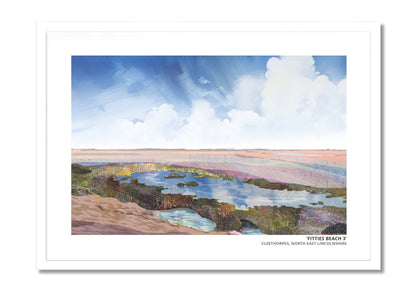 Fitties Beach 3 art print by Vicki Shortt, the beach huts and chalets at the Fitties, Cleethorpes, in a white frame