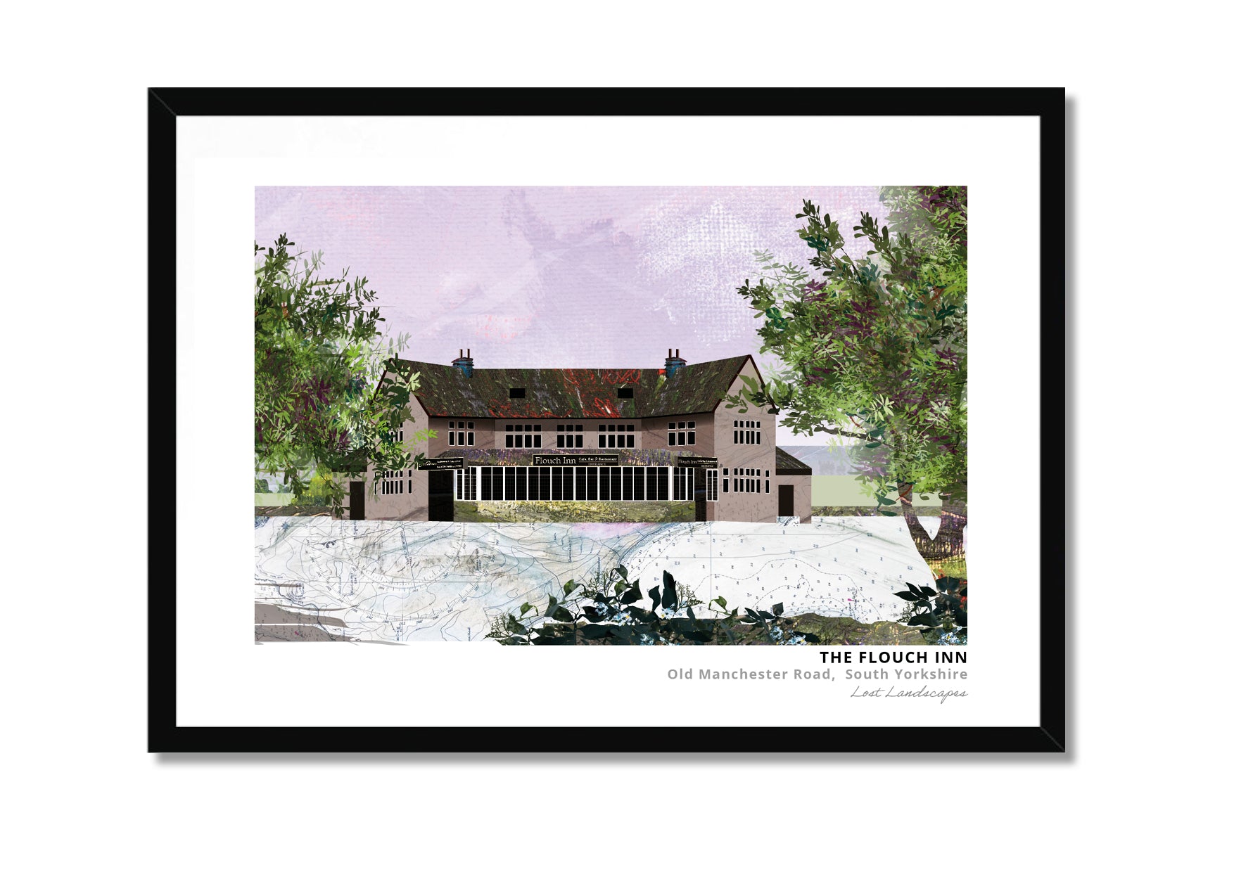 Flouch Inn art print by Vicki Shortt, the roadside inn on the old Manchester Road, South Yorkshire, in a black frame