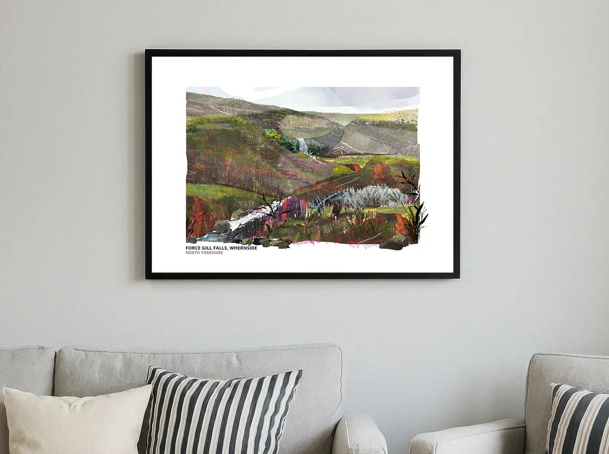Force Gill Falls, Whernside art print by Vicki Shortt, the waterfall on the flanks of Whernside, North Yorkshire, framed in a room setting