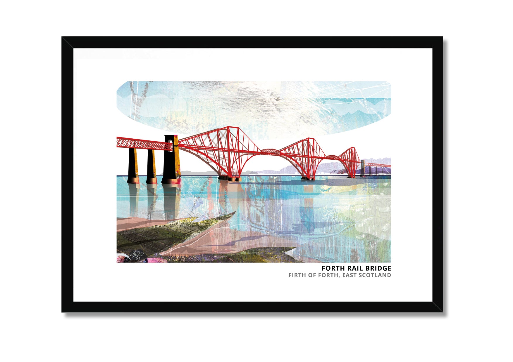 Forth Rail Bridge art print by Vicki Shortt, the red cantilever bridge across the Firth of Forth, in a black frame