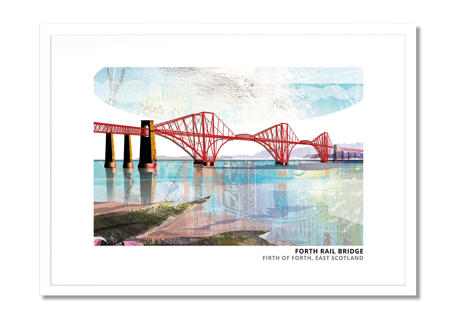 Forth Rail Bridge art print by Vicki Shortt, the red cantilever bridge across the Firth of Forth, in a white frame