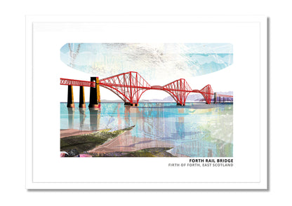 Forth Rail Bridge art print by Vicki Shortt, the red cantilever bridge across the Firth of Forth, in a white frame