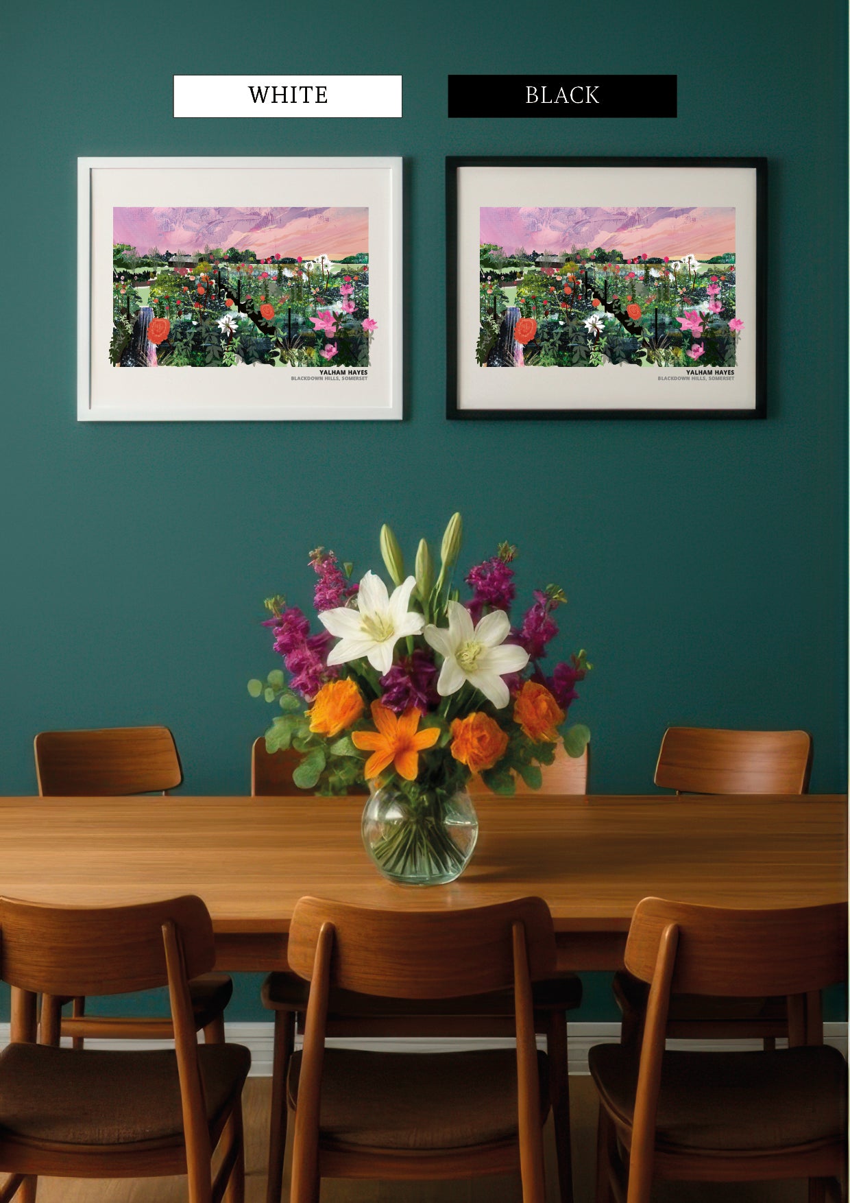 A styled dining room scene with a wooden table and chairs, a colourful flower arrangement in the centre, and two framed landscape prints on a dark teal wall labelled WHITE and BLACK.
