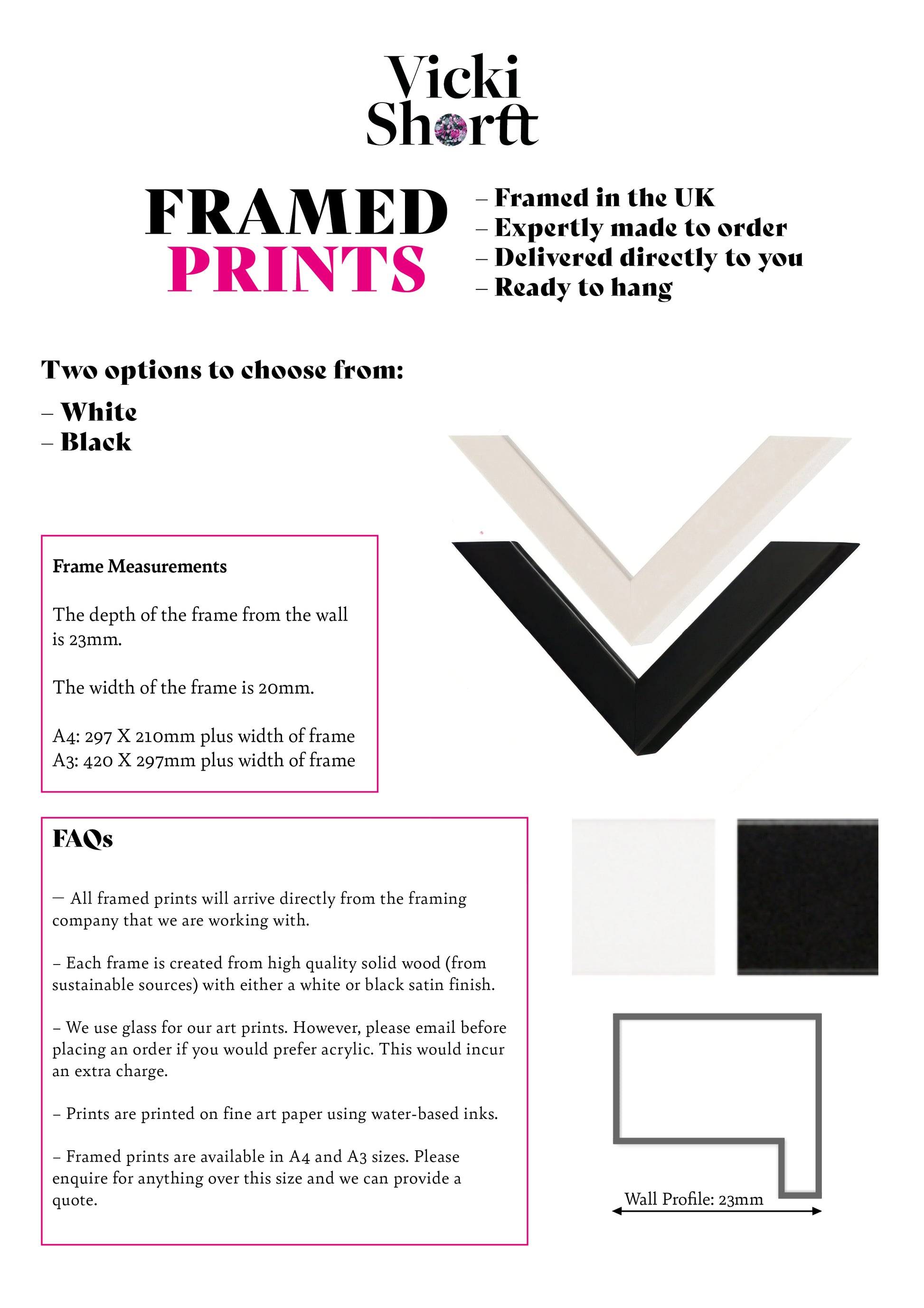 A product information sheet for framed art prints by Vicki Shortt, showing options for white or black frames, frame measurements, FAQs, and two sample V-shaped frame profiles on a white background.