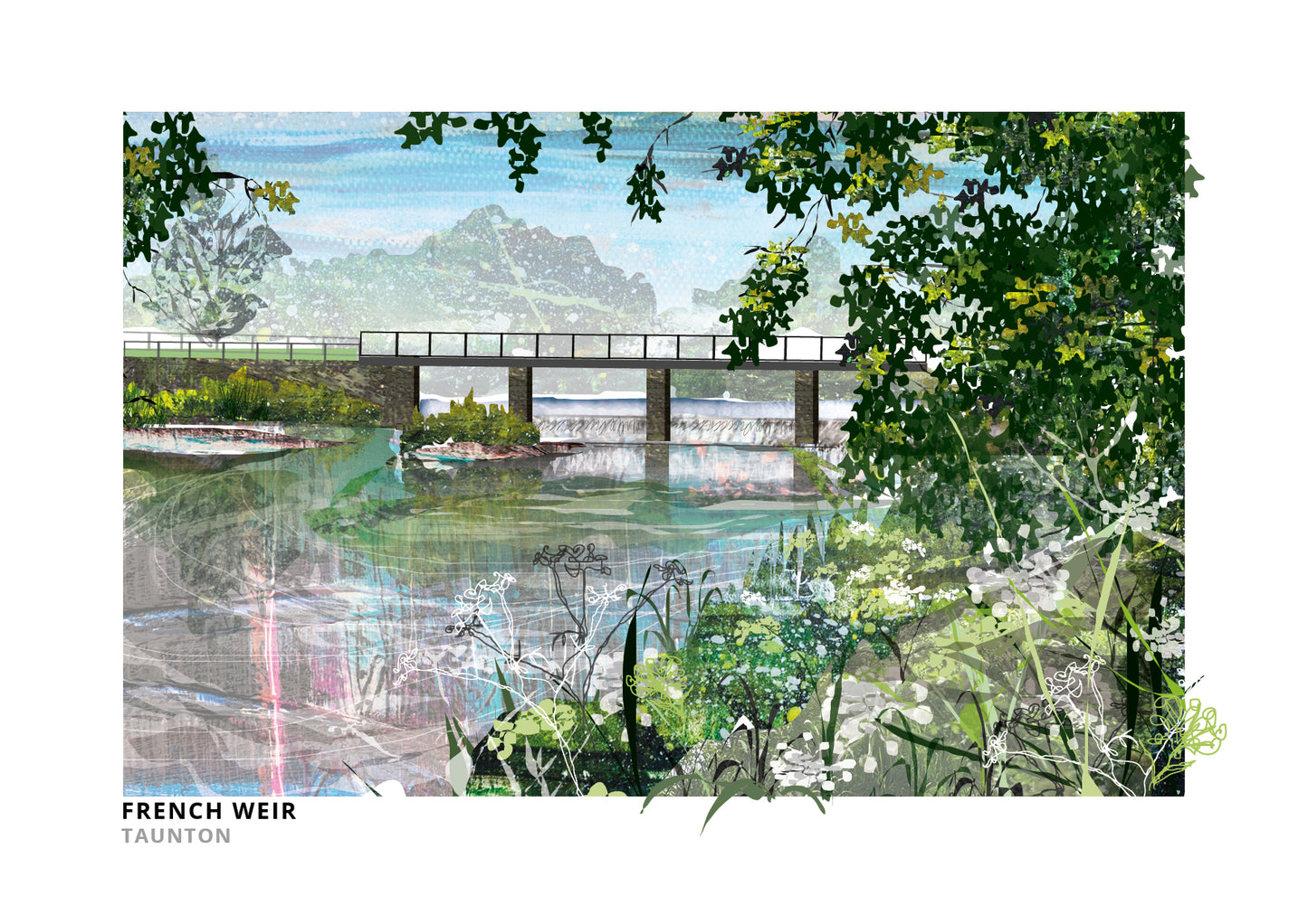 French Weir Taunton art print by Vicki Shortt, the weir on the River Tone at Taunton, Somerset