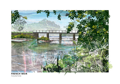 French Weir Taunton art print by Vicki Shortt, the weir on the River Tone at Taunton, Somerset