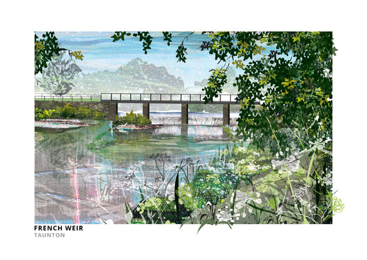 French Weir Taunton art print by Vicki Shortt, the weir on the River Tone at Taunton, Somerset