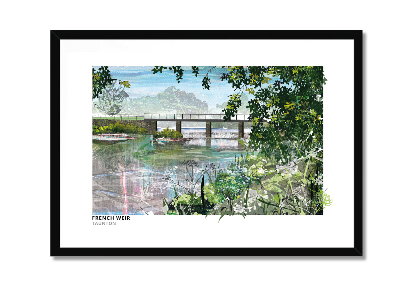 French Weir Taunton art print by Vicki Shortt, the weir on the River Tone at Taunton, Somerset, in a black frame