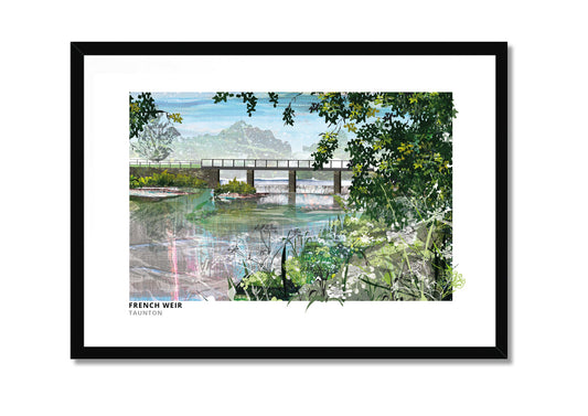 French Weir Taunton art print by Vicki Shortt, the weir on the River Tone at Taunton, Somerset, in a black frame