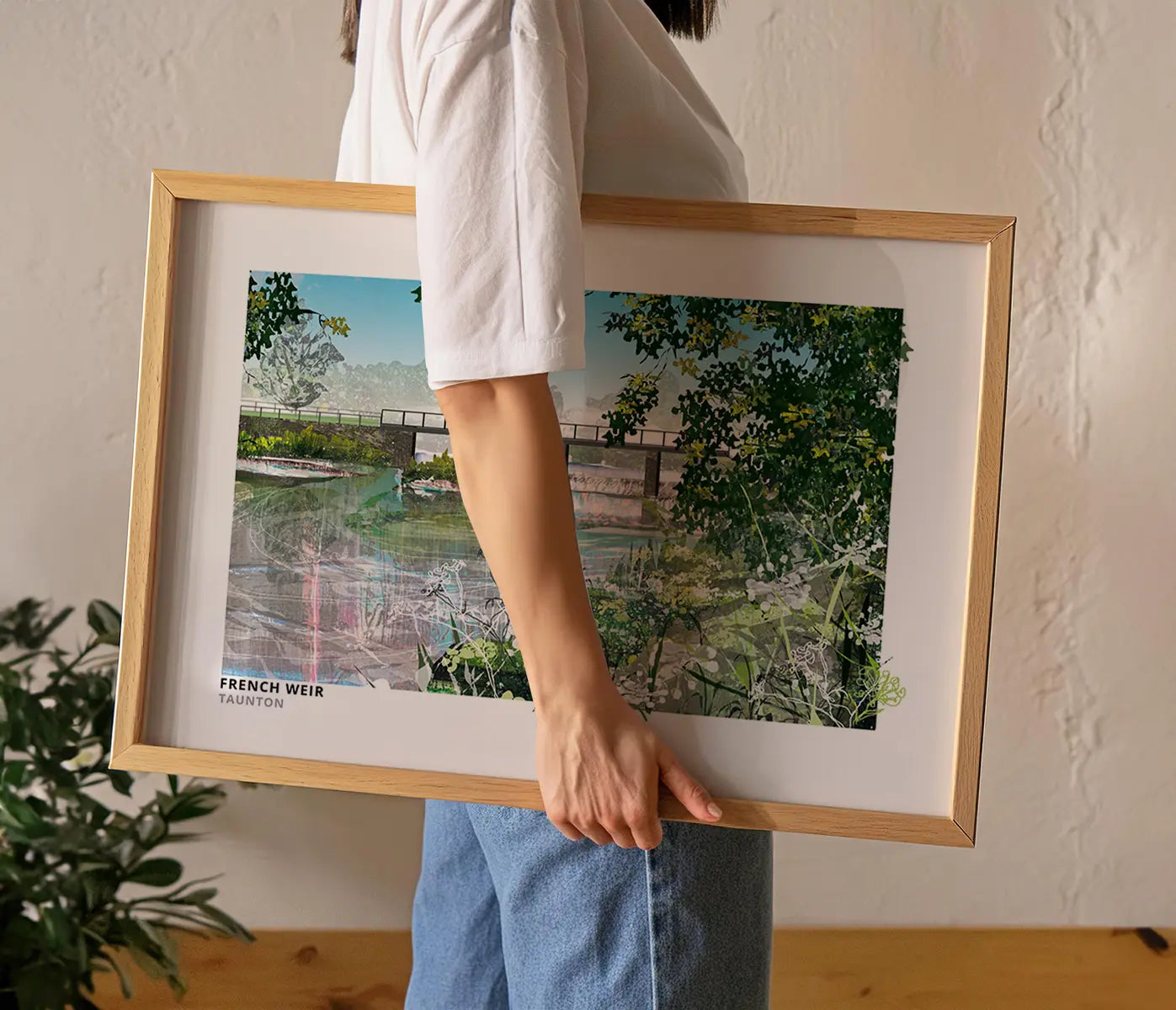 French Weir Taunton art print by Vicki Shortt, the weir on the River Tone at Taunton, Somerset, framed in a room setting