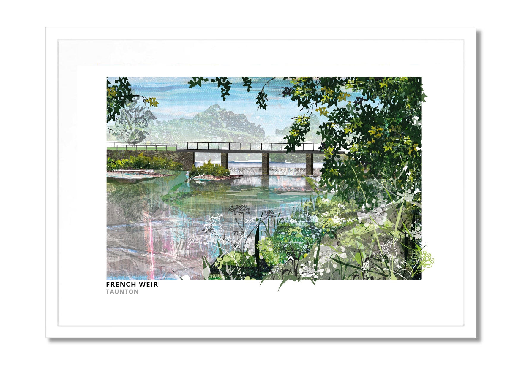 French Weir Taunton art print by Vicki Shortt, the weir on the River Tone at Taunton, Somerset, in a white frame