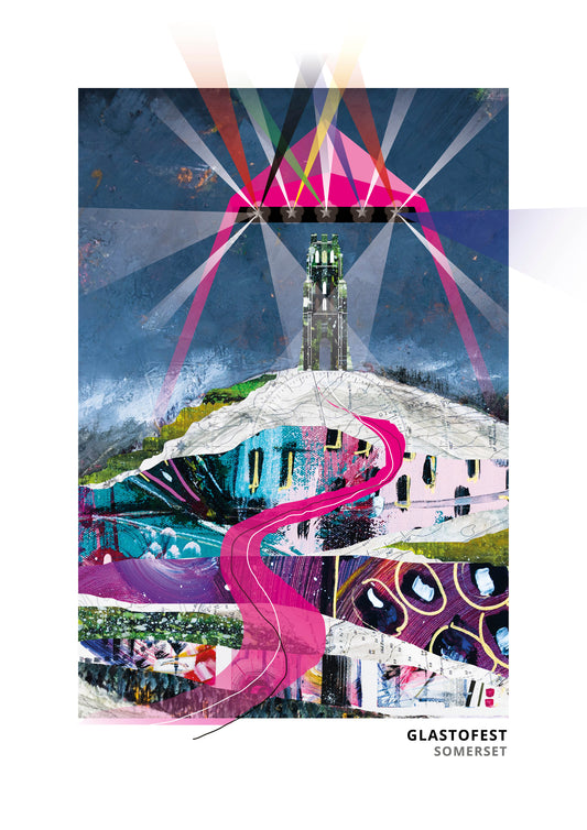GlastoFest art print by Vicki Shortt, the pyramid stage lights below Glastonbury Tor, Somerset