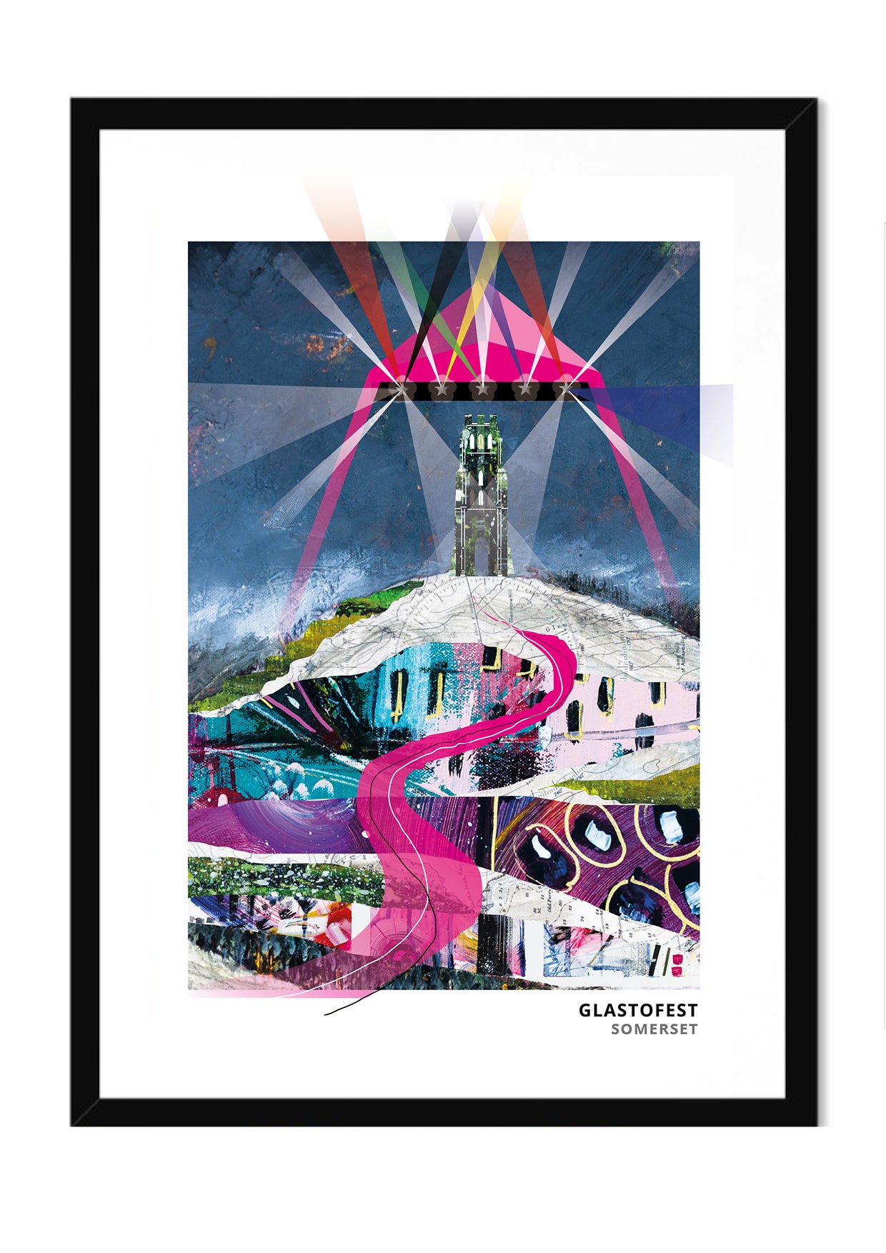 GlastoFest art print by Vicki Shortt, the pyramid stage lights below Glastonbury Tor, Somerset, in a black frame
