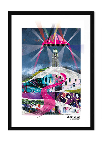 GlastoFest art print by Vicki Shortt, the pyramid stage lights below Glastonbury Tor, Somerset, in a black frame