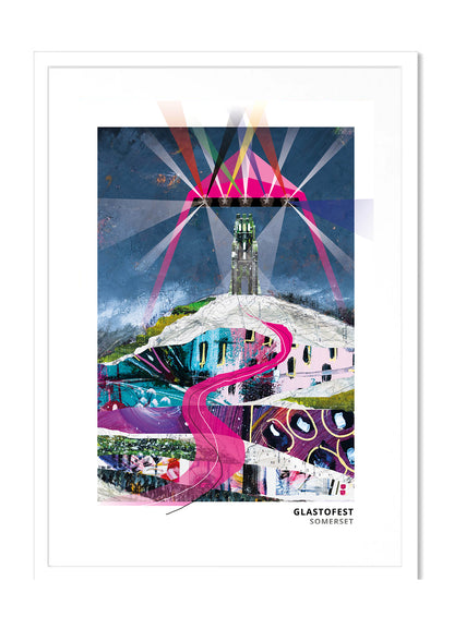 GlastoFest art print by Vicki Shortt, the pyramid stage lights below Glastonbury Tor, Somerset, in a white frame