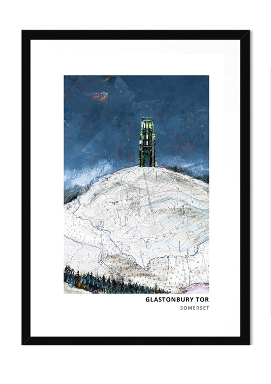 Glastonbury Tor art print by Vicki Shortt, St Michael's Tower on the Tor above the Somerset Levels, in a black frame