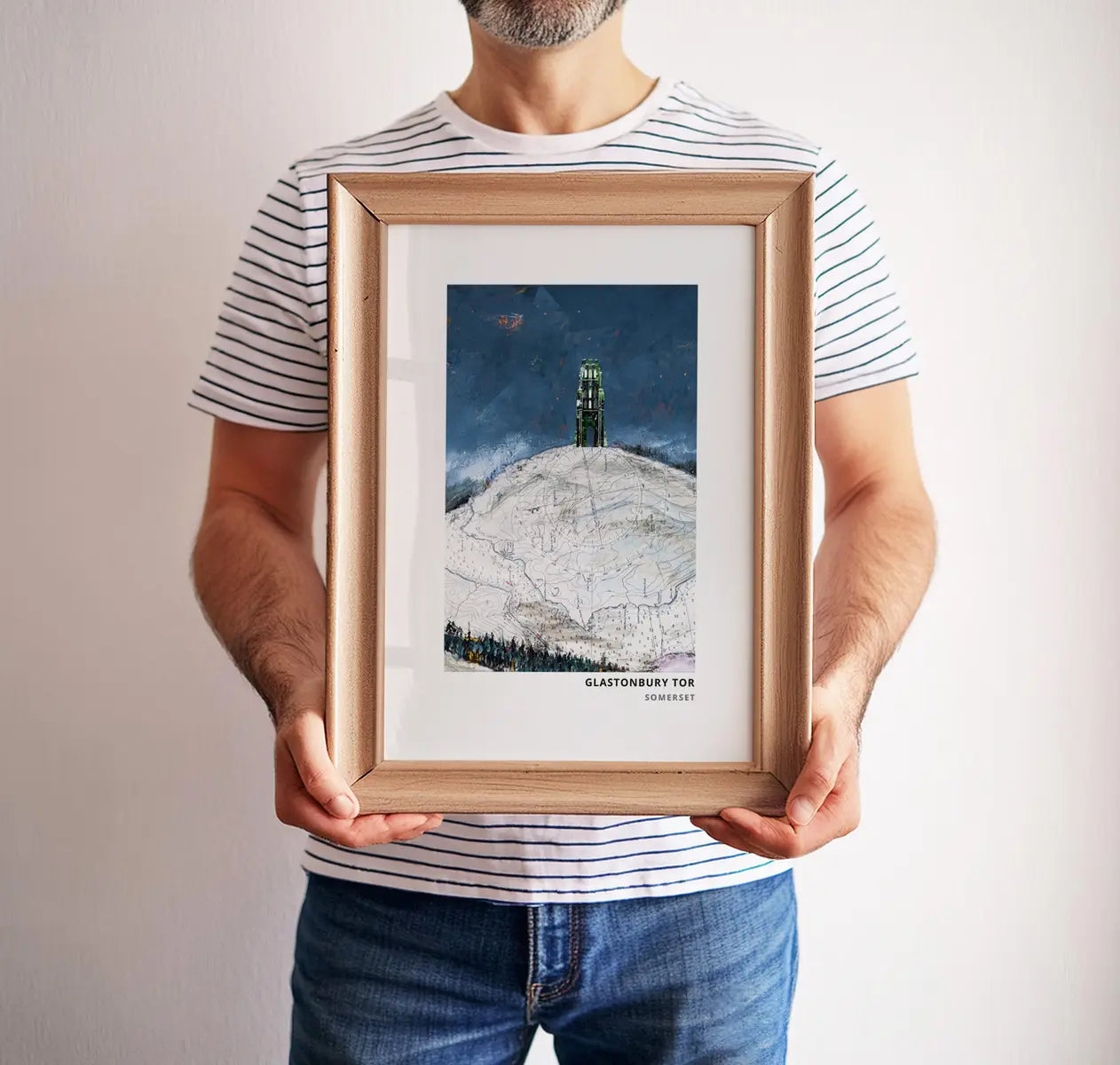 Glastonbury Tor art print by Vicki Shortt, St Michael's Tower on the Tor above the Somerset Levels, framed in a room setting