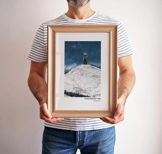 Glastonbury Tor art print by Vicki Shortt, St Michael's Tower on the Tor above the Somerset Levels, framed in a room setting