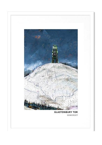 Glastonbury Tor art print by Vicki Shortt, St Michael's Tower on the Tor above the Somerset Levels, in a white frame