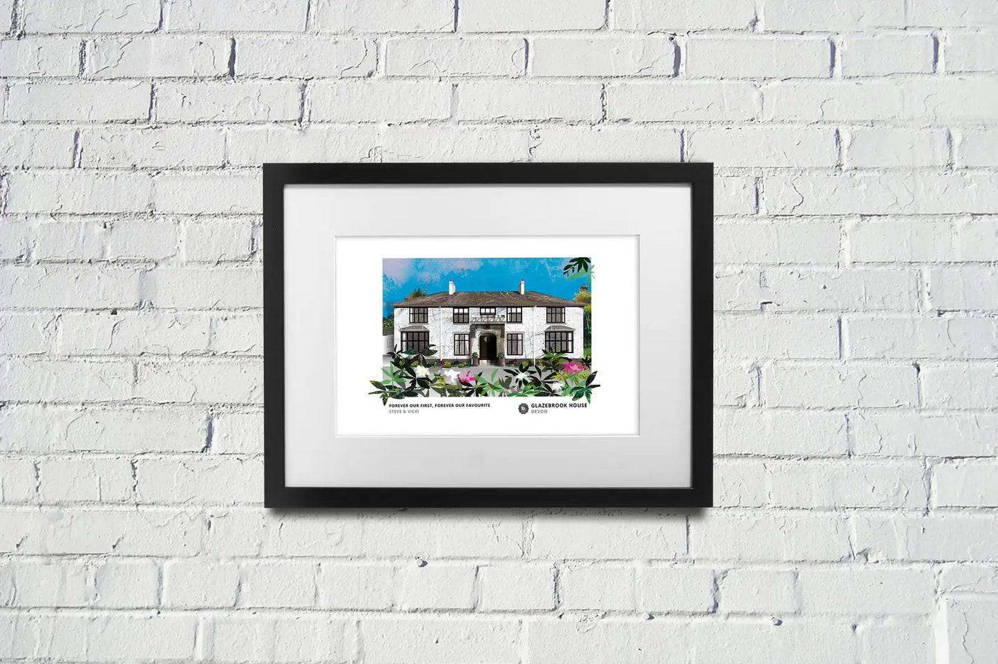 Glazebrook House art print by Vicki Shortt, the country house at South Brent, Devon, framed in a room setting