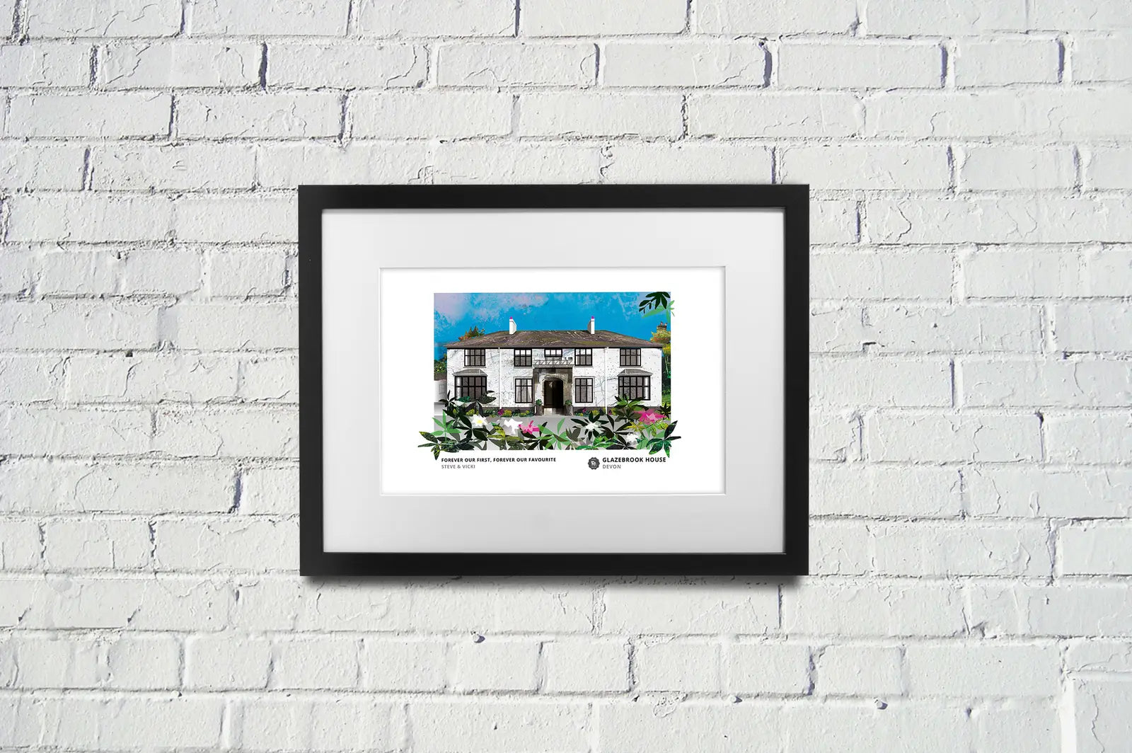 Glazebrook House art print by Vicki Shortt, the country house at South Brent, Devon, framed in a room setting