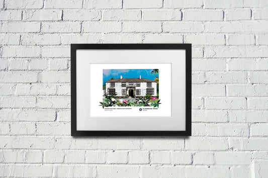 Glazebrook House art print by Vicki Shortt, the country house at South Brent, Devon, framed in a room setting