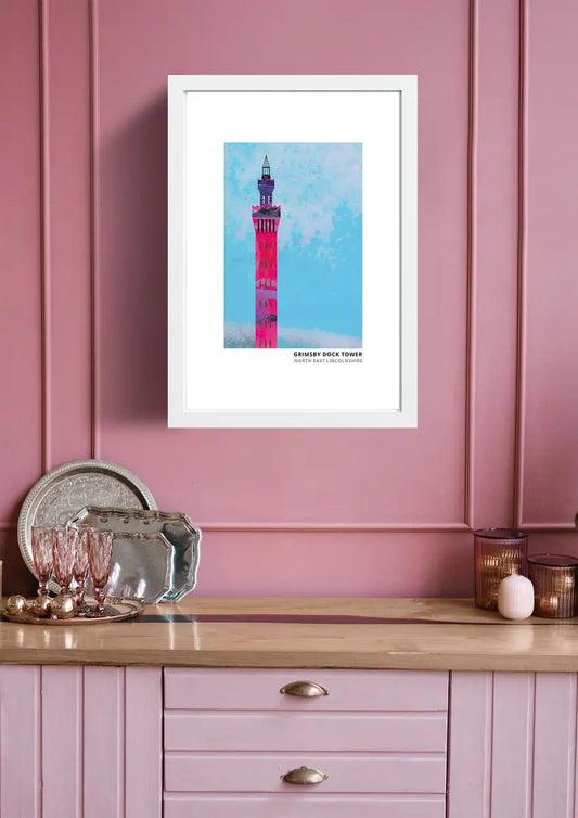 Grimsby Dock Tower art print by Vicki Shortt, the Italianate Victorian tower on the Grimsby docks, framed in a room setting