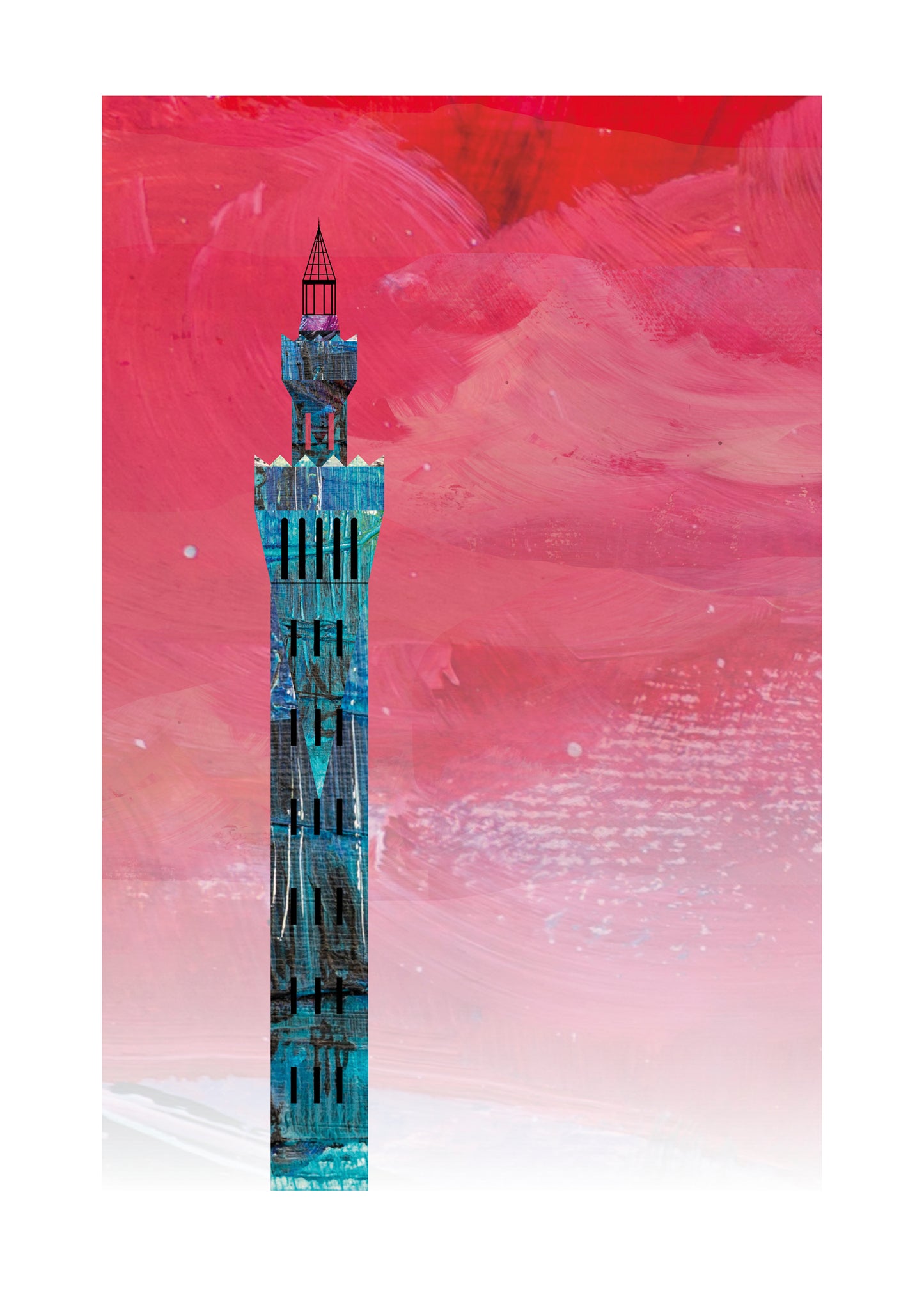 Grimsby Dock Tower limited edition art print by Vicki Shortt, the Italianate Victorian tower on the Grimsby docks, Design 4, in teal and red