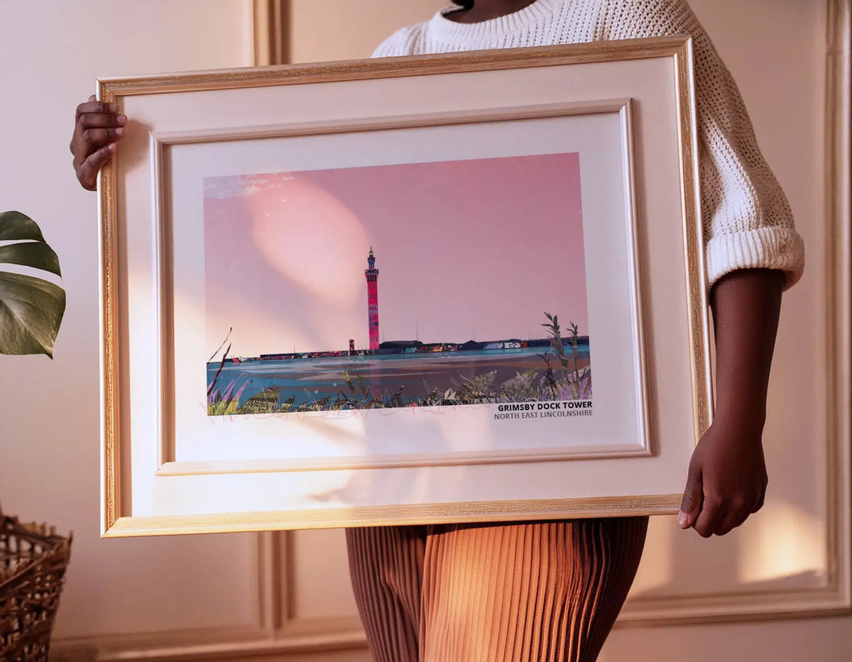 Grimsby Docks art print by Vicki Shortt, a panorama of the working docks at Grimsby, North East Lincolnshire, framed in a room setting