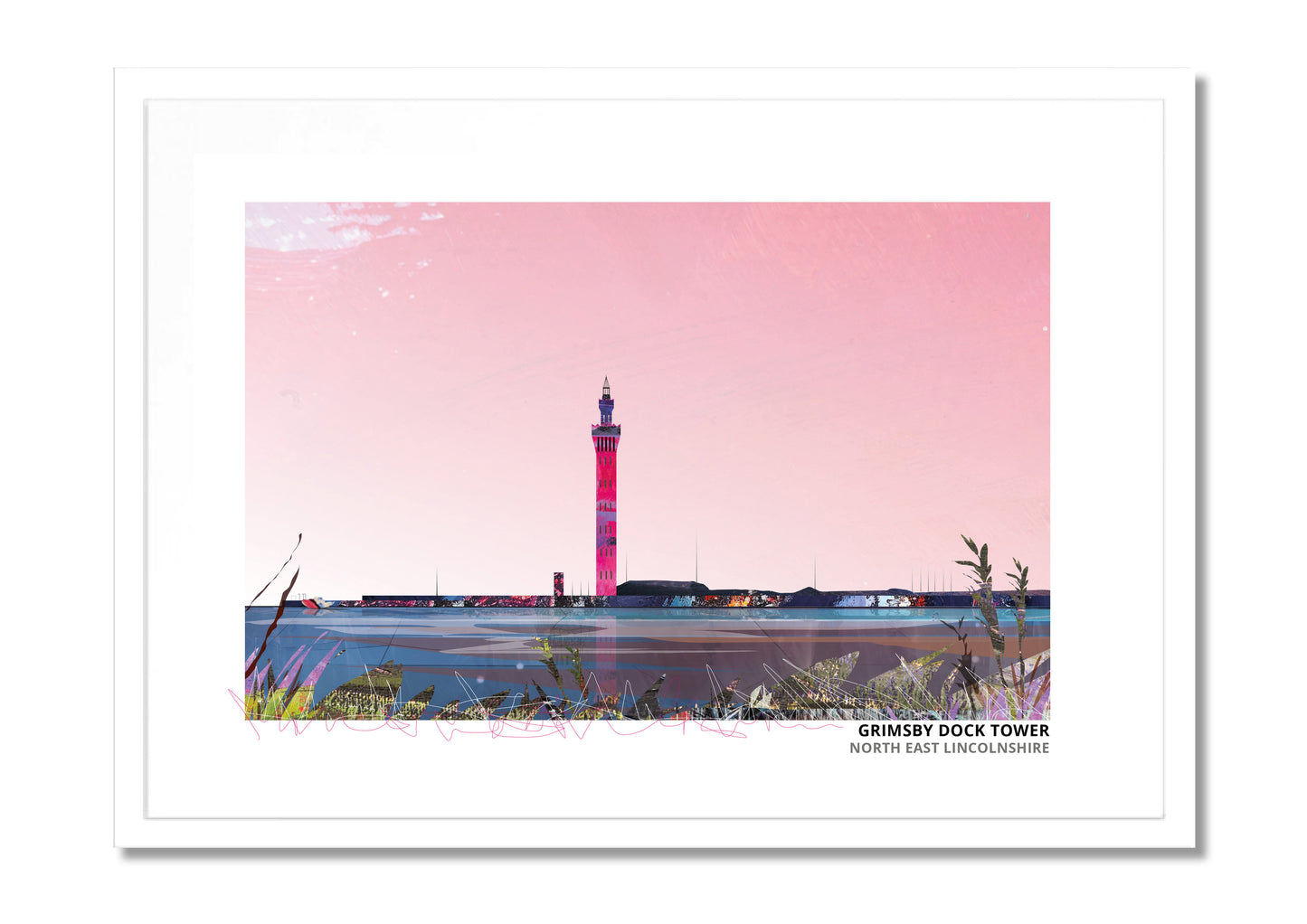 Grimsby Docks art print by Vicki Shortt, a panorama of the working docks at Grimsby, North East Lincolnshire, in a white frame
