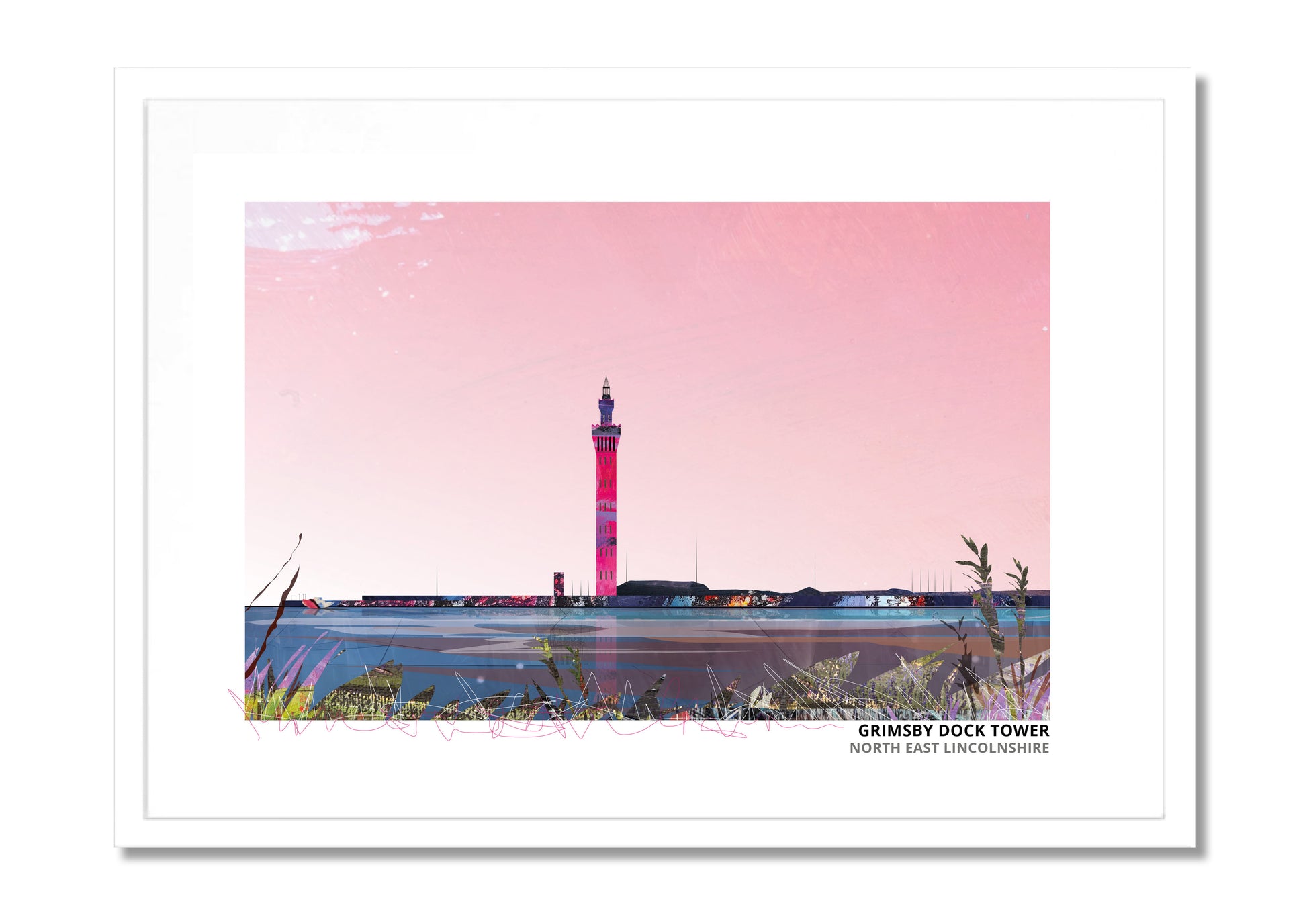 Grimsby Docks art print by Vicki Shortt, a panorama of the working docks at Grimsby, North East Lincolnshire, in a white frame