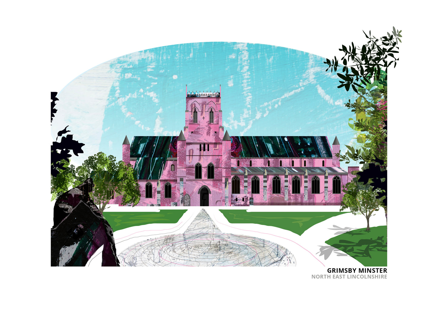 Grimsby Minster art print by Vicki Shortt, Pink colourway, the parish church of St James in Grimsby, North East Lincolnshire