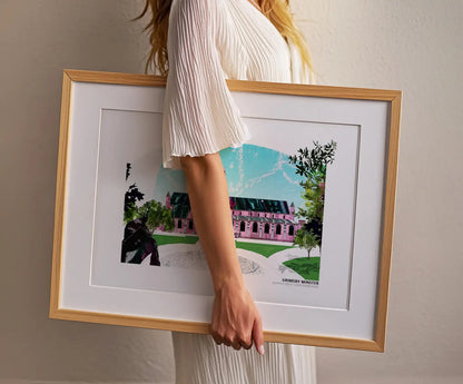 Grimsby Minster art print by Vicki Shortt, the parish church of St James in Grimsby, North East Lincolnshire, Pink colourway, framed in a room setting