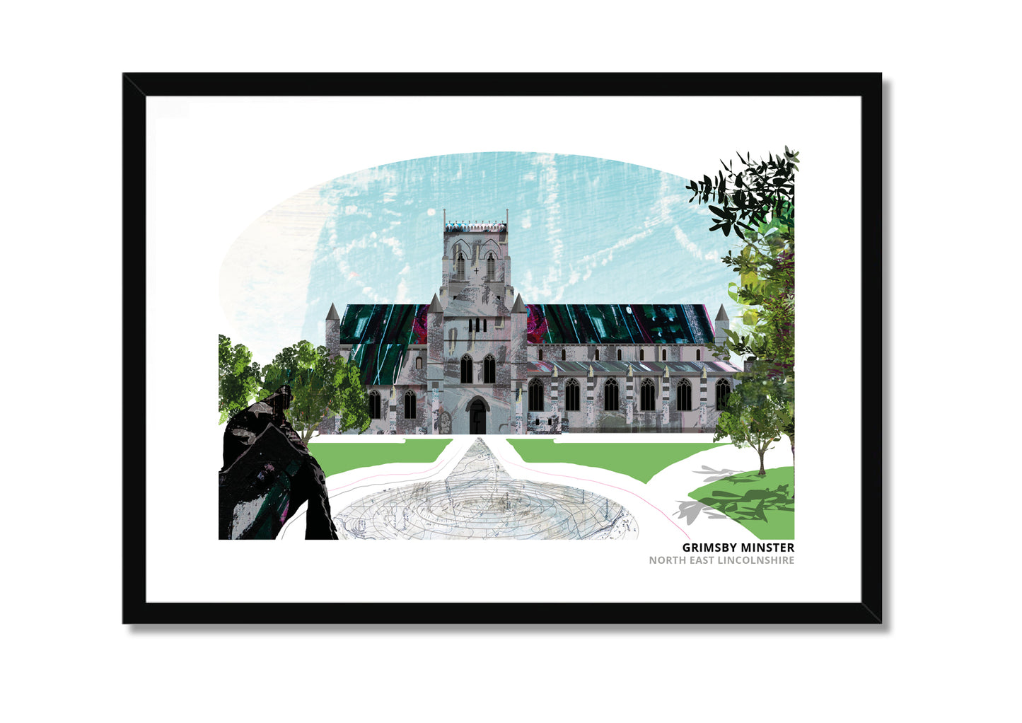 Grimsby Minster art print by Vicki Shortt, the parish church of St James in Grimsby, North East Lincolnshire, in a black frame