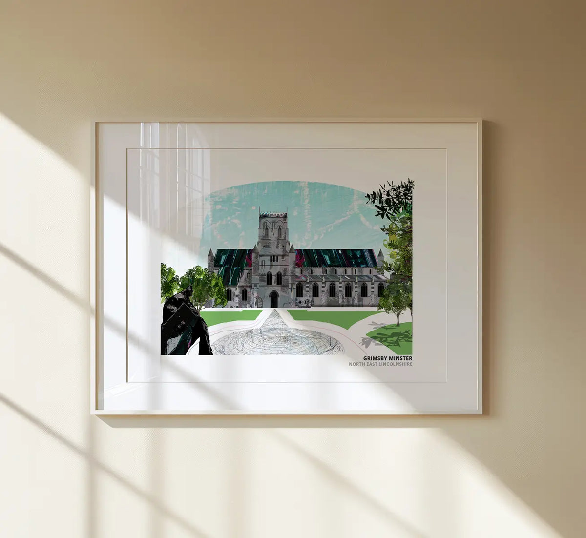 Grimsby Minster art print by Vicki Shortt, the parish church of St James in Grimsby, North East Lincolnshire, Original colourway, framed in a room setting
