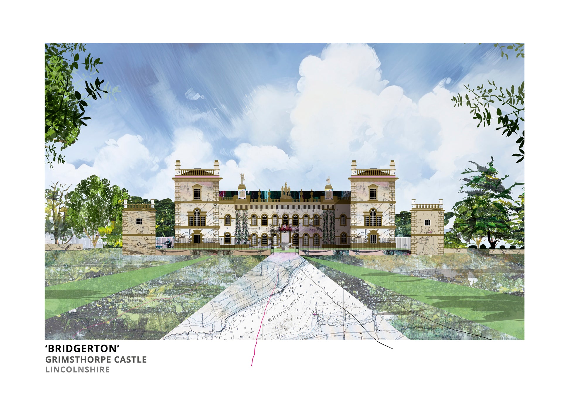 Grimsthorpe Castle art print by Vicki Shortt, the castle near Bourne, Lincolnshire, used as a Bridgerton location