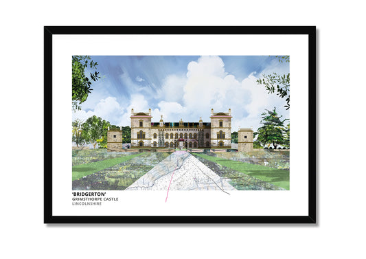 Grimsthorpe Castle art print by Vicki Shortt, the castle near Bourne, Lincolnshire, used as a Bridgerton location, in a black frame