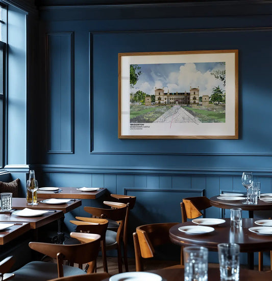 Grimsthorpe Castle art print by Vicki Shortt, the castle near Bourne, Lincolnshire, used as a Bridgerton location, framed in a room setting